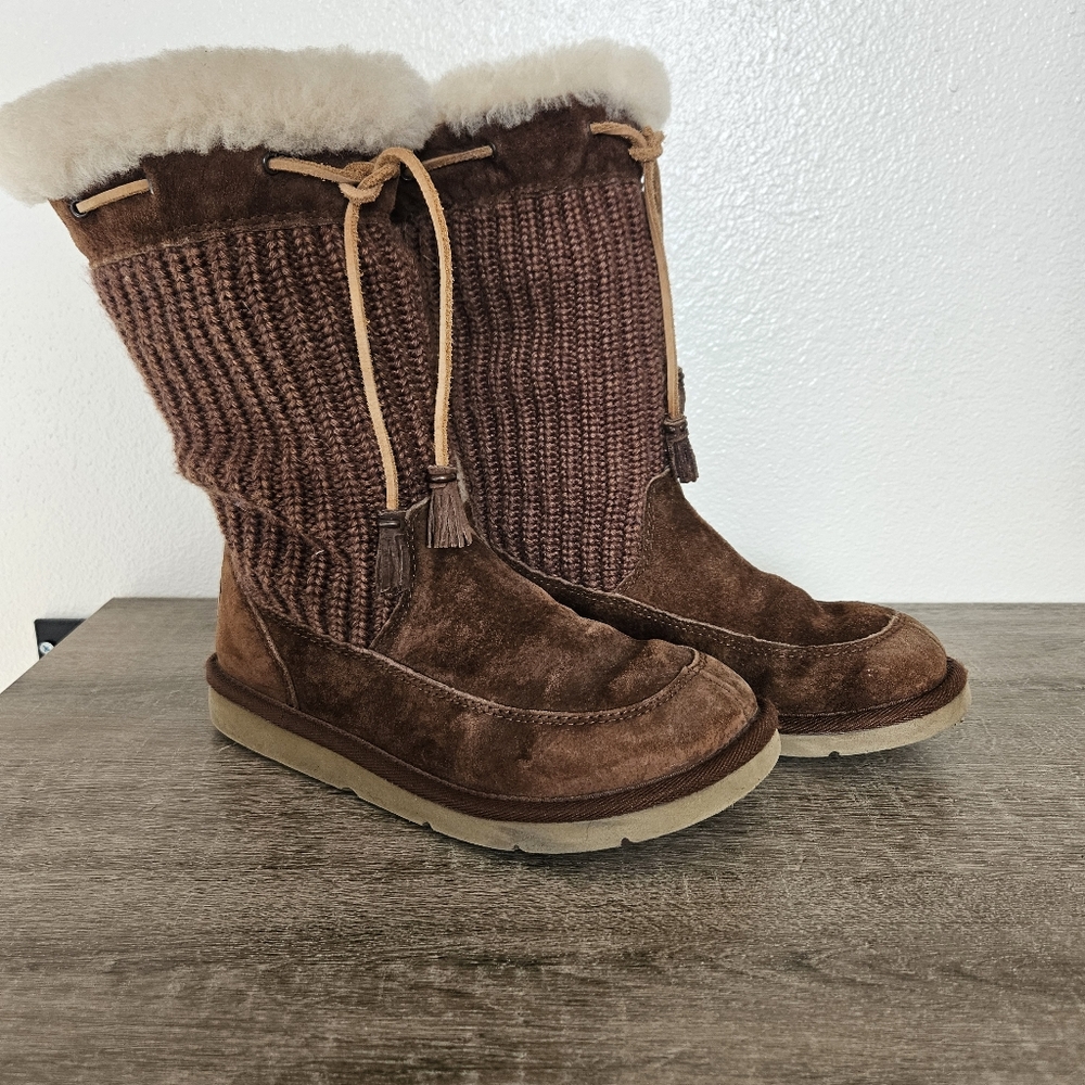 UGG Brown Suede Knit Shearling-Wrapped Winter Boots